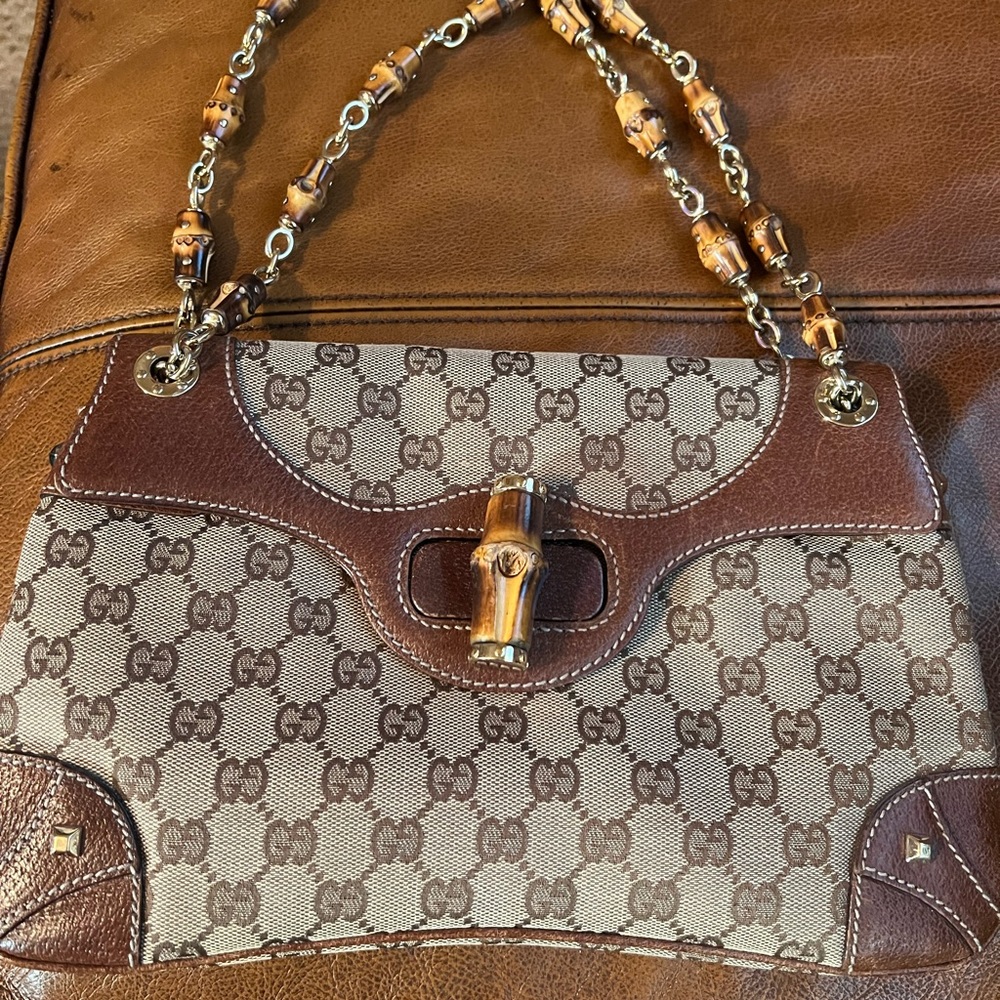 Gucci Brown Monogram Bamboo-chain pouchette